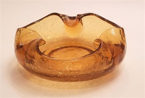 Vintage BLENKO MCM ASHTRAY Amber Crackle Glass Mid Century Modern Mod