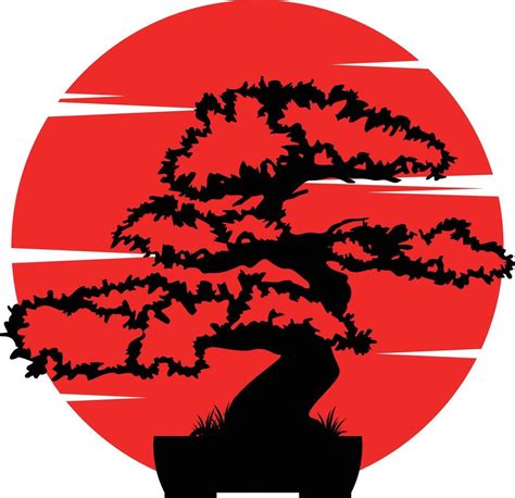 Black Silhouette Of A Bonsai With A Rising White Moon On A Red Sun