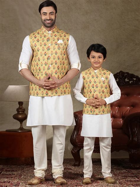 Yellow And White Silk Waistcoat Set For Father And Son G Fsc