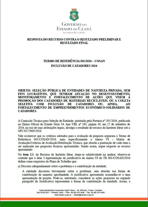 Resposta Do Recurso Contra O Resultado Preliminar E Final Do Termo De