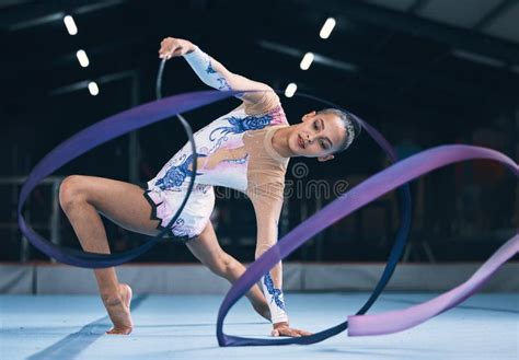 Ribbon Gymnastics And Woman Dancer In Performance Action And Sports