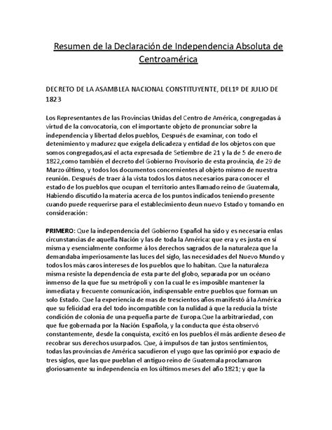 Declaración De Independencia Absoluta De Centroamérica Resumen De La