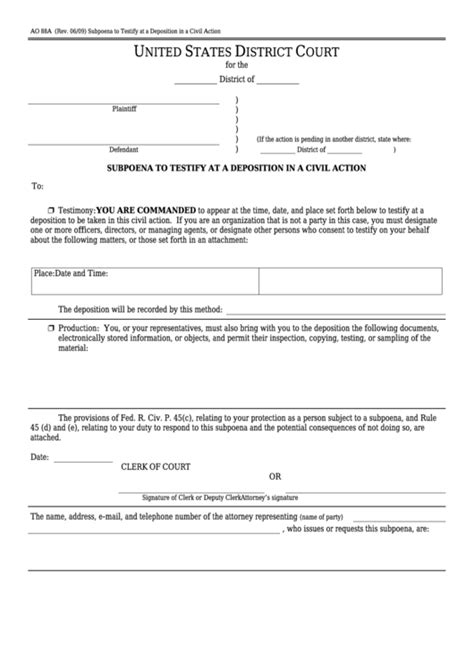 Fillable Form Ao A Subpoena To Testify At A Deposition In A Civil