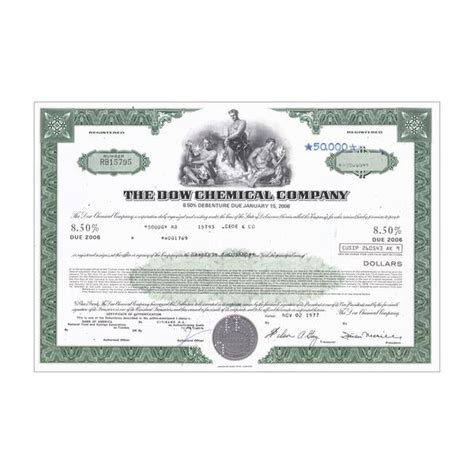 1970s Shares Vary Green Dow Chemical Co Stock Certificate Franklin Mint