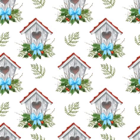 Premium Photo Watercolor Pattern Of A Birdhouse With Coniferous