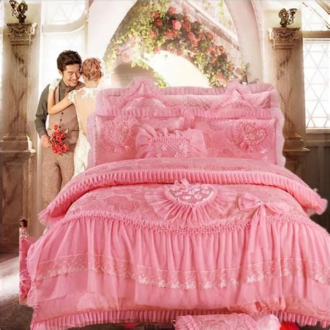 4 6 8pcs Luxury Wedding Bedding Sets Queen King Size Pink Princess Lace