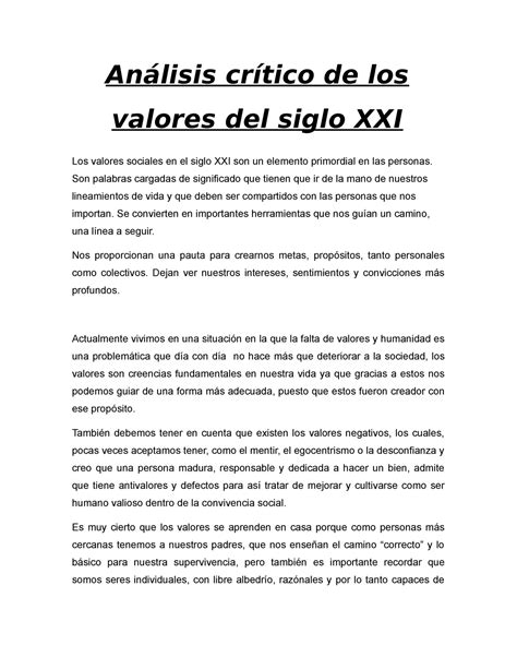 Análisis crítico de los valores Análisis crítico de los valores del