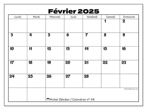 Calendriers Février 2025 Michel Zbinden Fr