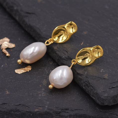 Genuine Fresh Water Pearl Drop Stud Earrings Organic Shaped Etsy Uk