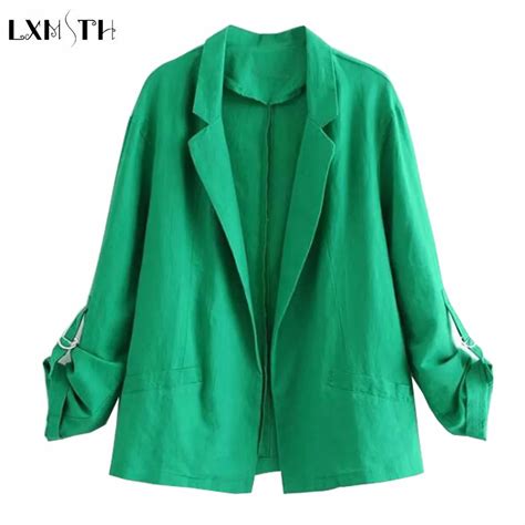 Lxmsth Cotton Linen Casual Blazers Women Long Sleeve Solid Notched