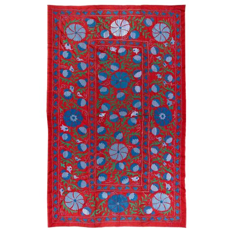 X Ft Magnificent Silk Embroidery Suzani Wall Hanging In Red Blue