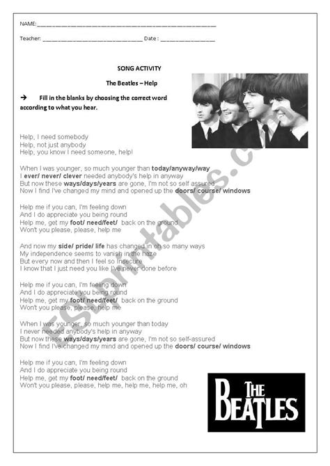 Help By The Beatles Esl Worksheet By Ingridricci