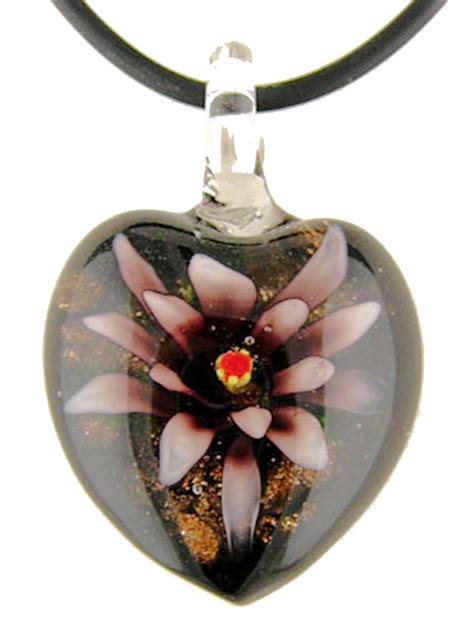 Purple Murano Style Glass Flower Heart Pendant Rubber Cord Necklace