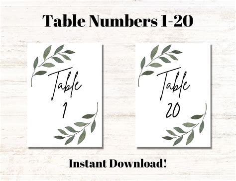 Modern Table Numbers Printable Wedding Greenery Eucalyptus Etsy