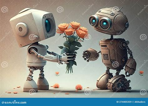 Cute Robot Surprises His Special Someone With Bouquet Of Flowers On Special Occasion Stock