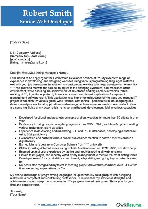 Senior Web Developer Cover Letter Examples Qwikresume