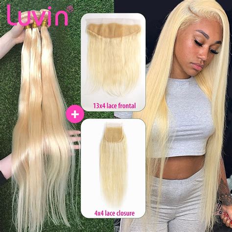 Straight 28 30 32 34 40 Inch Brazilian Remy Human Hair Weave 613 Blonde