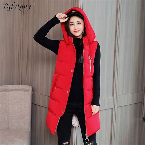 2018 New Women Red Chains Spliced Long Vests Womens Down Cotton Padded