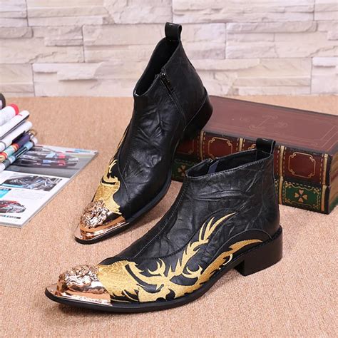 Fashion Autumn Winter Genuine Leather Mens Ankle Boots Gold Embroidery ...