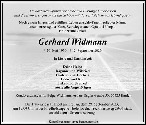 Traueranzeigen Von Gerhard Widmann Nordwest Trauer De