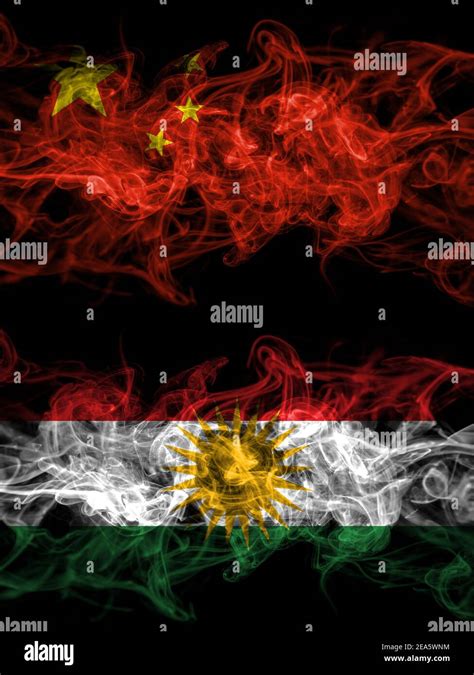 China Chinese Vs Kurdistan Kurdish Kurds Smoky Mystic Flags Placed