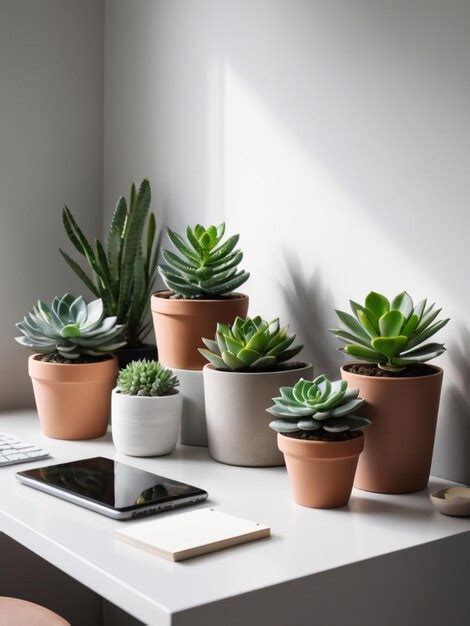 Premium Photo A Minimalist Workspace With Green Succulents In Pots