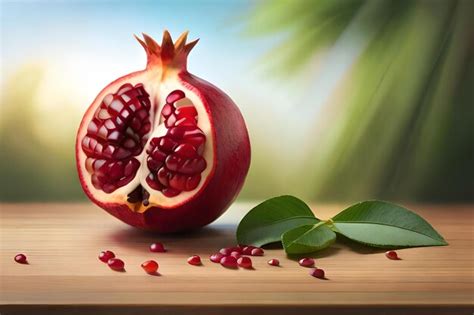 Premium Photo A Pomegranate With A Green Leaf And A Palm Tree In The