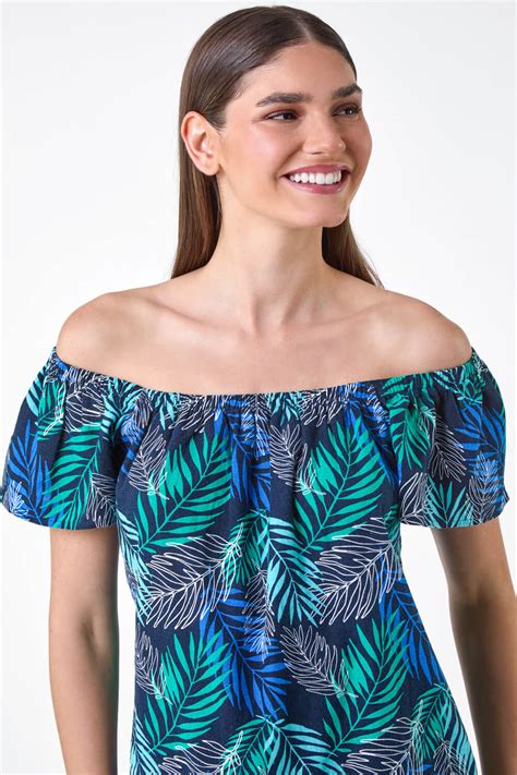 Blue Tropical Leaf Linen Blend Bardot Top Roman UK