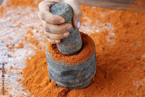 Indian Woman Hand Powdering Indian Spices Red Chilly Chili Paprika