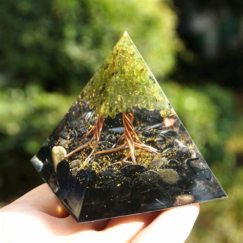 Gorgeous Peridot Tree Of Life Orgone Pyramid With Obisidian Orgone