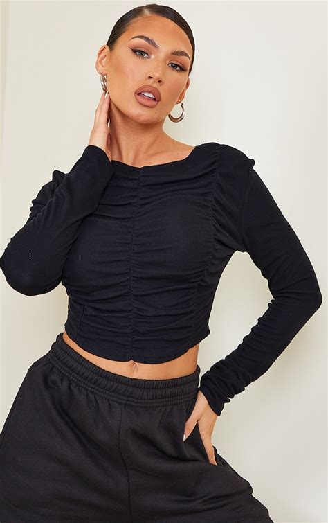 Black Rib Multi Ruched Long Sleeve Crop Top Prettylittlething