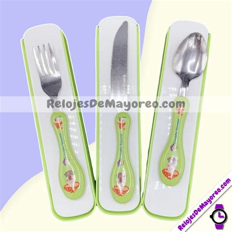 Set De Cubiertos Para Ni Os Cuchara Tenedor Y Cuchillo Verde Bisuteria