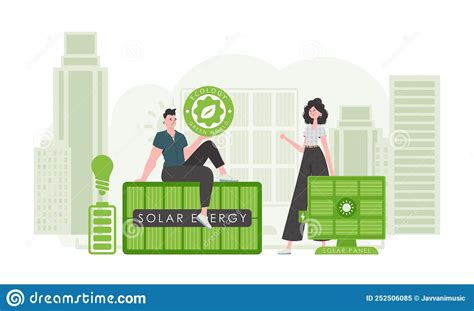 Guy And Girl And Solar Panels Eco Energy Concept Vector Stock Vector