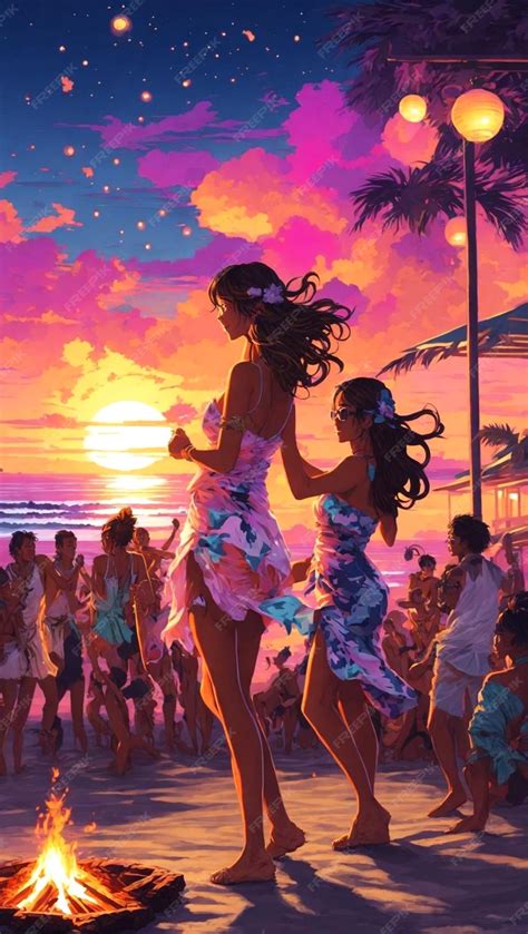 Premium AI Image | anime beach scene with people dancing and enjoying the sunset