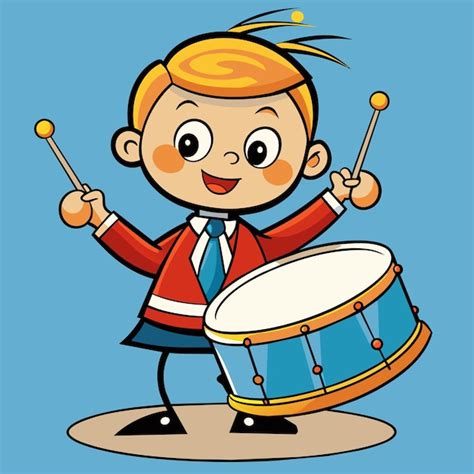 Un dibujo de dibujos animados de un niño tocando un tambor con un palo