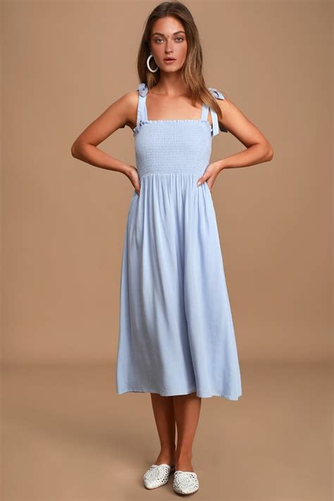 Light Blue Midi Dress Smocked Dress Tie Strap Midi Dress Lulus