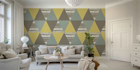 Triangles Teal Grey Mustard Wallpaper Happywall