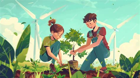 Premium Photo | A cartoon illustration of children planting trees in a field