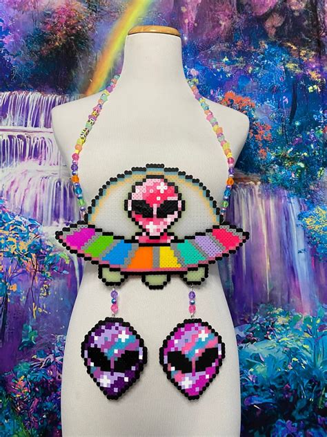 Perler Bead Necklace UV Reactive UFO Beaming Up Aliens Etsy