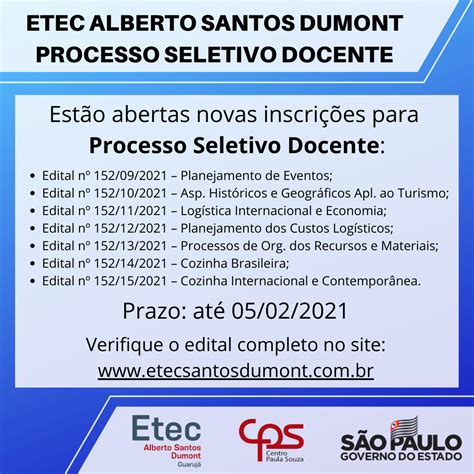 Processo Seletivo Docente N Etec Alberto Santos Dumont