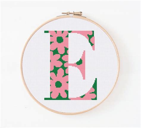 Letter E Cross Stitch Alphabet Pattern Floral Monogram Counted Cross