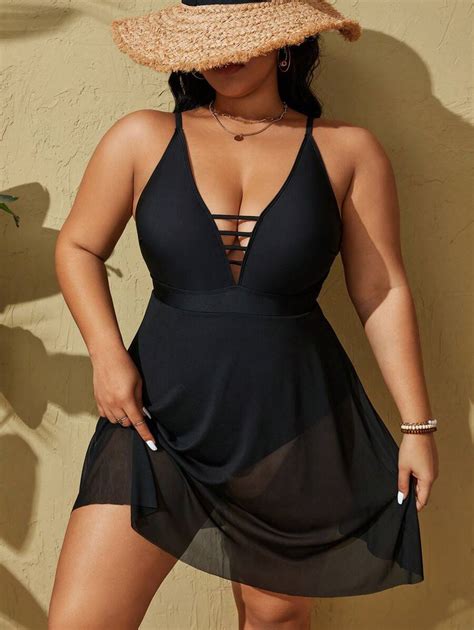 Shein Swim Curve Traje De Baño De Una Sola Pieza Color Sólido Talla Grande Moda De Mujer