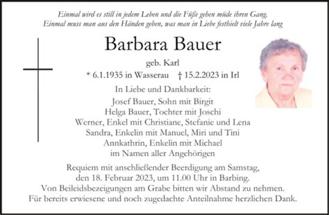 Traueranzeigen Von Barbara Bauer Mittelbayerische Trauer