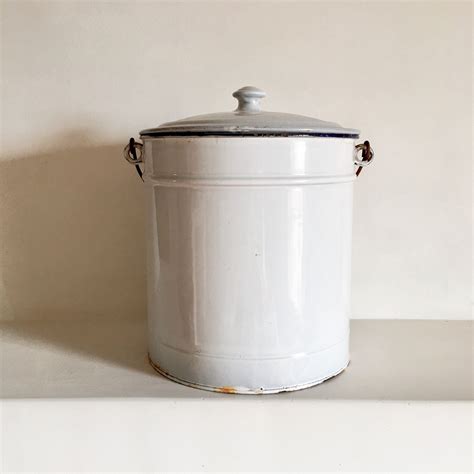 French Vintage Enamel Bucket With Lid White Enamelware Bucket