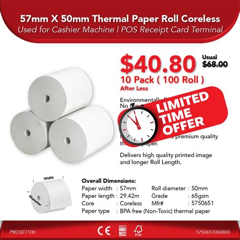 57mm X 50mm 65gsm Thermal Paper Roll Coreless 10 Pack 100 Roll Shopee Singapore