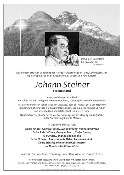 Todesanzeige Johann Steiner Trauer Link