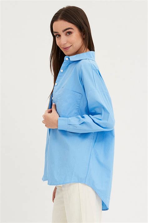 Womens Blue Relaxed Shirts Long Sleeve Button Up Ally Fashion