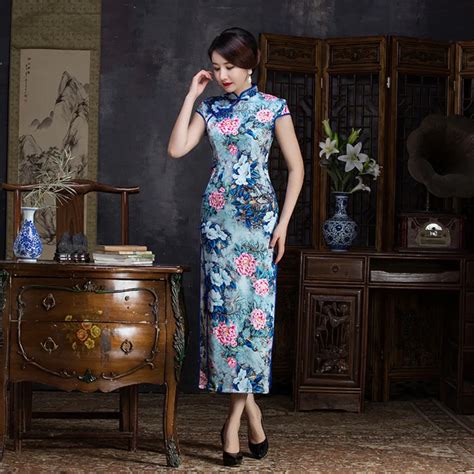 Beautiful Blue Cheongsam Long Qipao Traditional Chinese Dress Evening