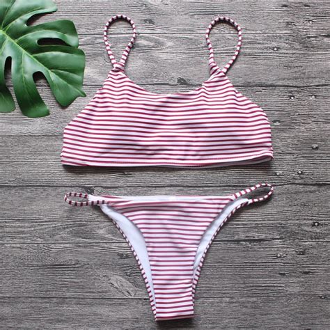 Nidalee Pink Striped Bikinis Set String Triangle Bikini Tanga Brazilian