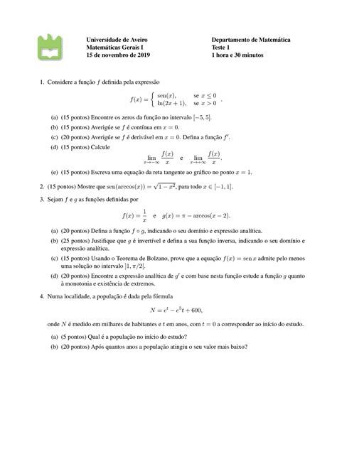 2019 2020 Teste 1 MG1 Universidade De Aveiro Departamento De Matem